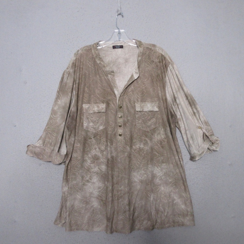 Cocomo Tunic Top Women Tan Embroidered Henley Roll Tab Sleeve‎ Boho Neutral